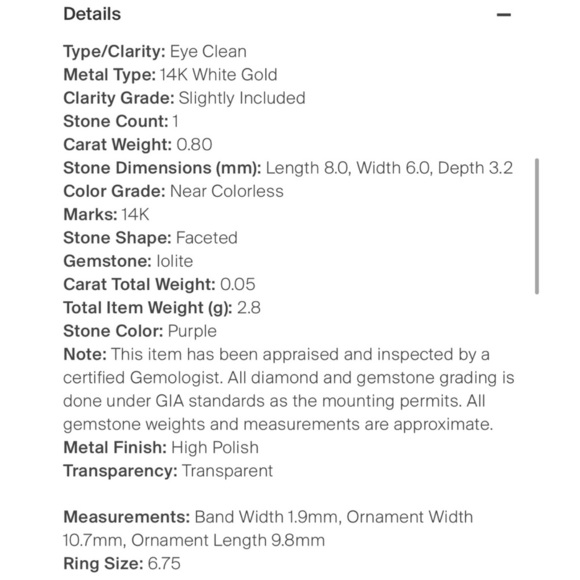 Brand New $858 Iolite and Diamond 14k White Gold Cocktail Ring Authentic Violet - Picture 7 of 12